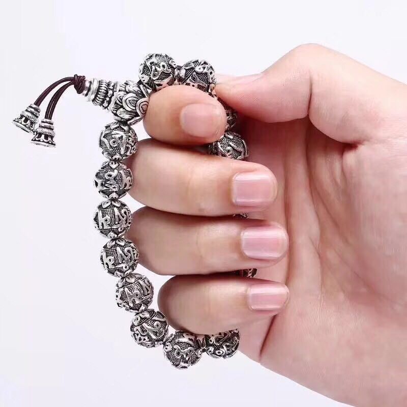 Retro Cold Wind Six True Words Thai Silver Buddhist Beads Men And Women Bracelet