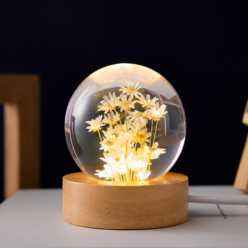 Luminous 3D Dandelion Crystal Ball Beech Wood Stand Base Preserved Flower Sphere Ball Christmas Gifts