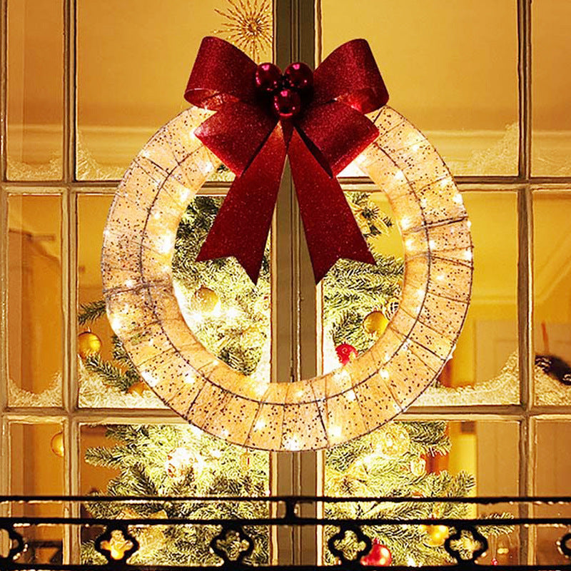 Home Christmas Garland 50CM Luminous LED Warm Light Metal Luminous Wreath With Big Bowknot Christmas Front Door Hanging Decor
