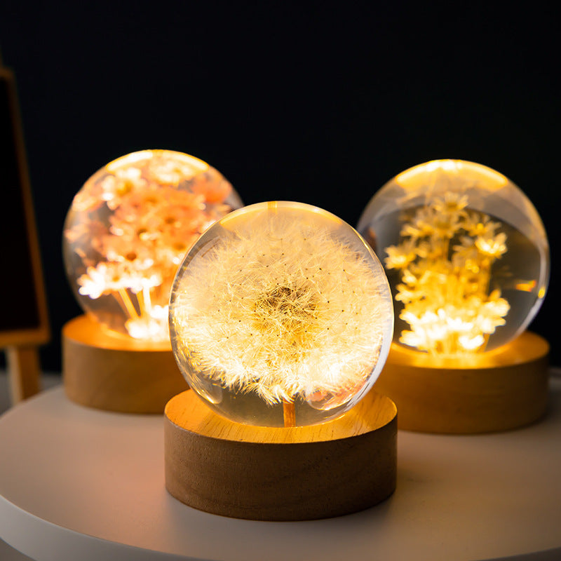 Luminous 3D Dandelion Crystal Ball Beech Wood Stand Base Preserved Flower Sphere Ball Christmas Gifts