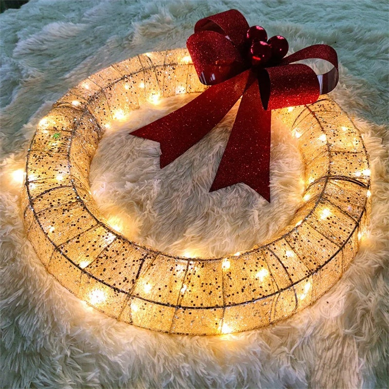 Home Christmas Garland 50CM Luminous LED Warm Light Metal Luminous Wreath With Big Bowknot Christmas Front Door Hanging Decor