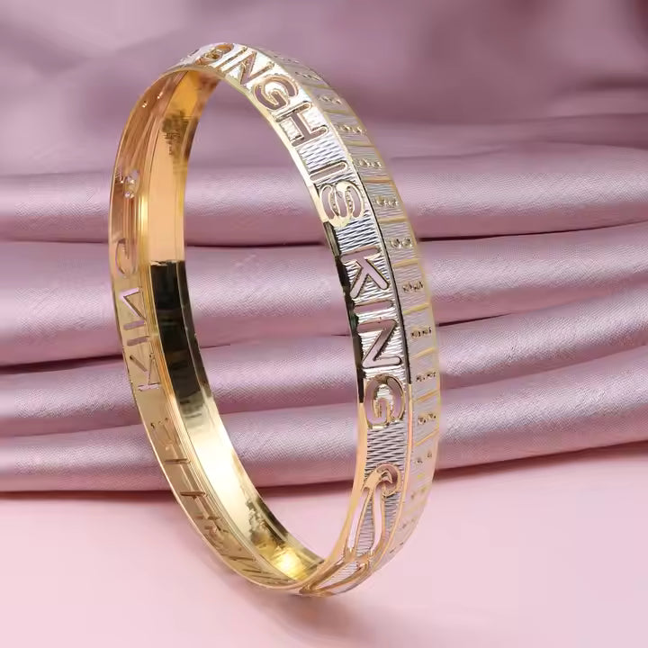 Singh Is King Engraved Kada Two Tone Silver Gold Plated