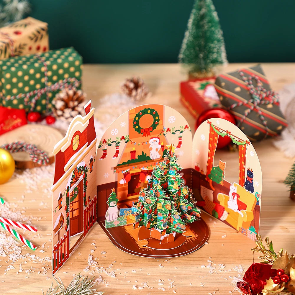 Christmas Tree Greeting Cards Cat Xmas Party Three-dimensional Pop Up Card 3D Postcard With Envelope Holiday Supplies
