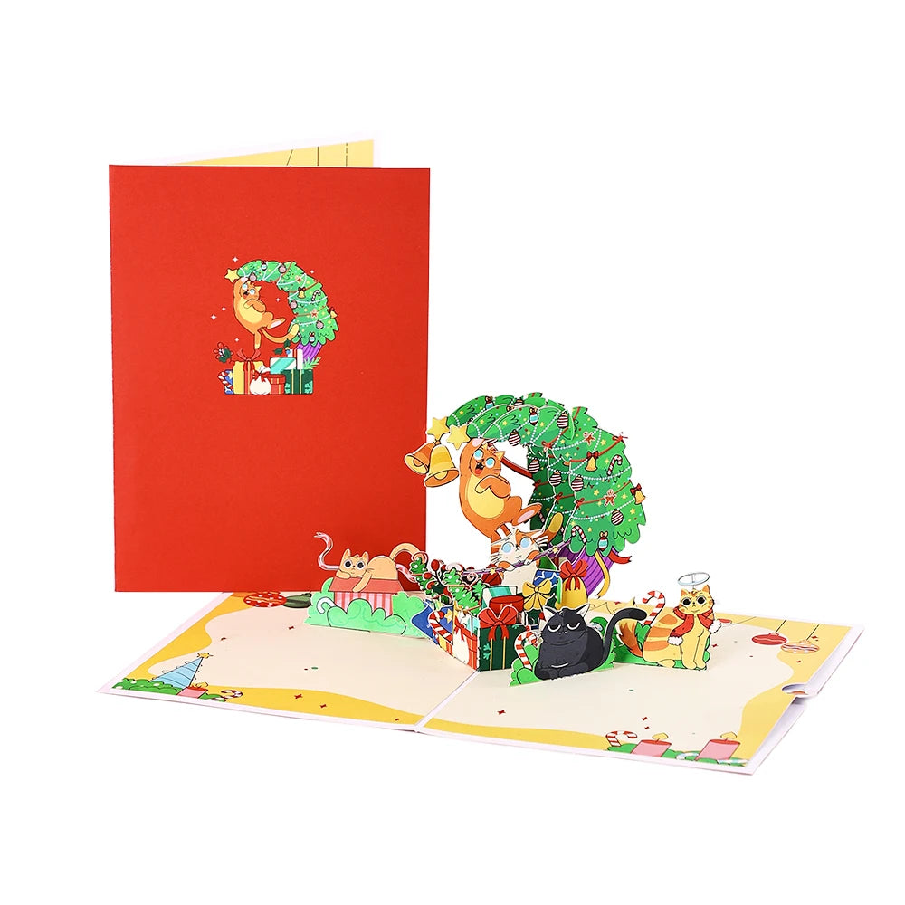 Christmas Tree Greeting Cards Cat Xmas Party Three-dimensional Pop Up Card 3D Postcard With Envelope Holiday Supplies