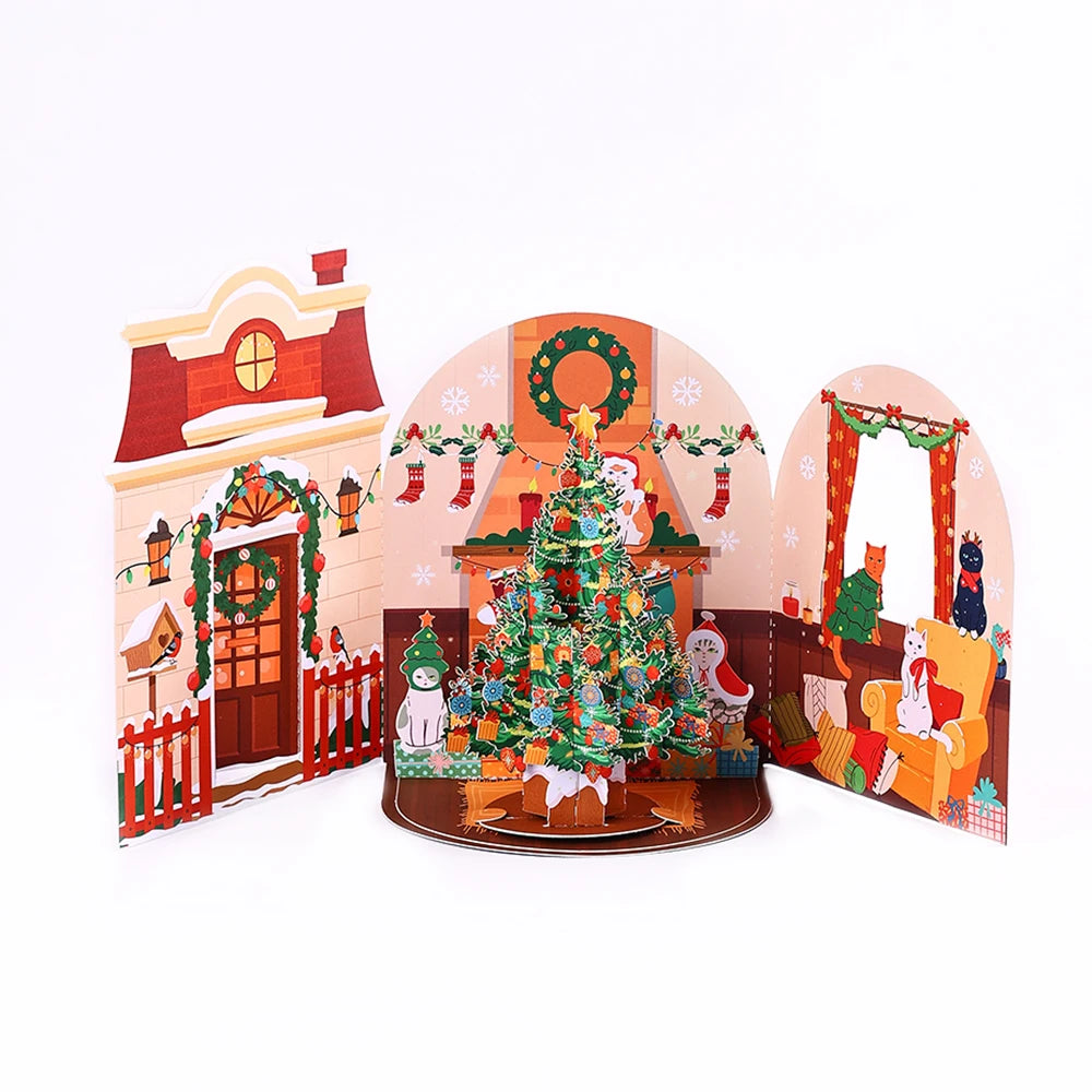 Christmas Tree Greeting Cards Cat Xmas Party Three-dimensional Pop Up Card 3D Postcard With Envelope Holiday Supplies