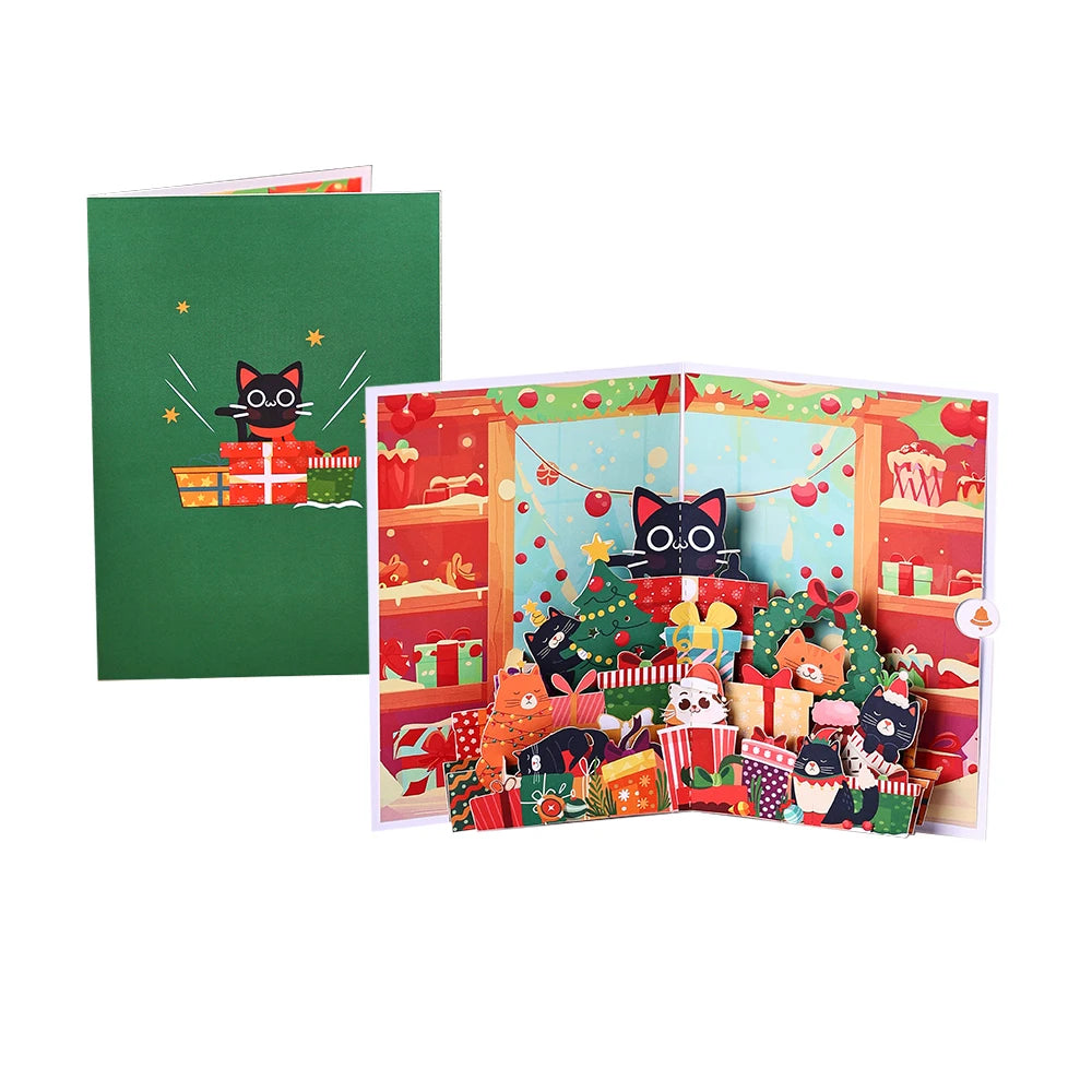 Christmas Tree Greeting Cards Cat Xmas Party Three-dimensional Pop Up Card 3D Postcard With Envelope Holiday Supplies