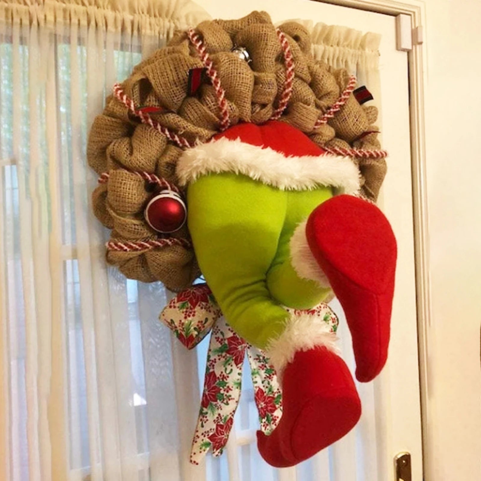Christmas Thief Wreath，Christmas Elf Leg Wreath， Christmas Burlap Wreath， Holiday Decoration