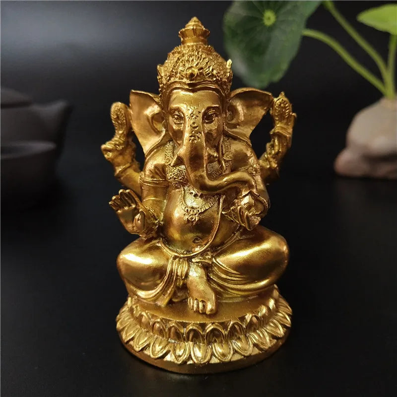 Gold Lord Ganesha Statue Hindu God Sculpture Figurines Resin Home Garden Decoration