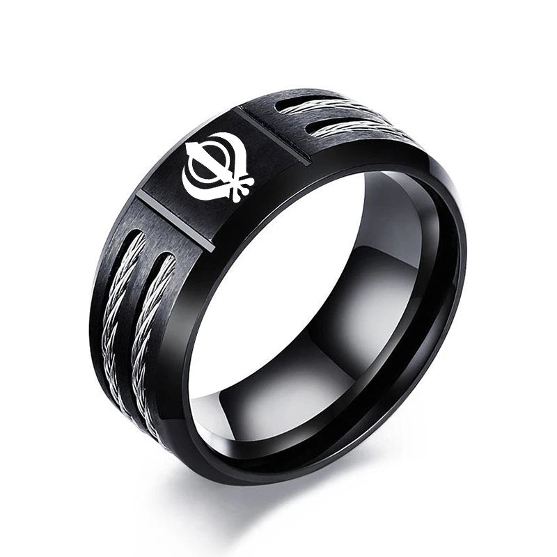 Sikh Symbol Rings Men Hinduism Engraved Sikhism Stainless Steel Signet Band Ring Religious Jewelry