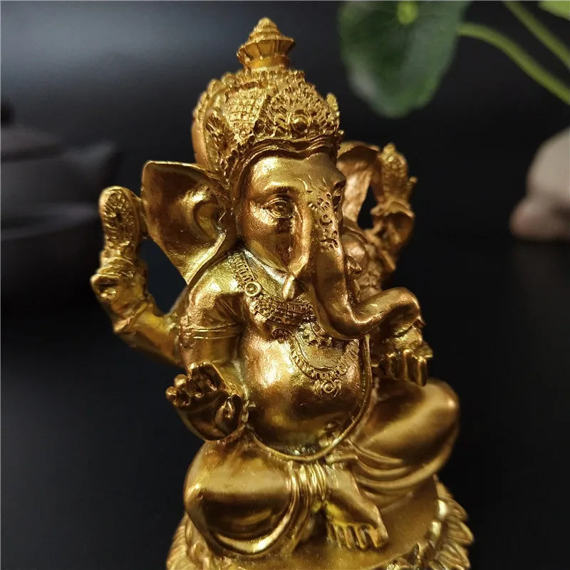 Gold Lord Ganesha Statue Hindu God Sculpture Figurines Resin Home Garden Decoration