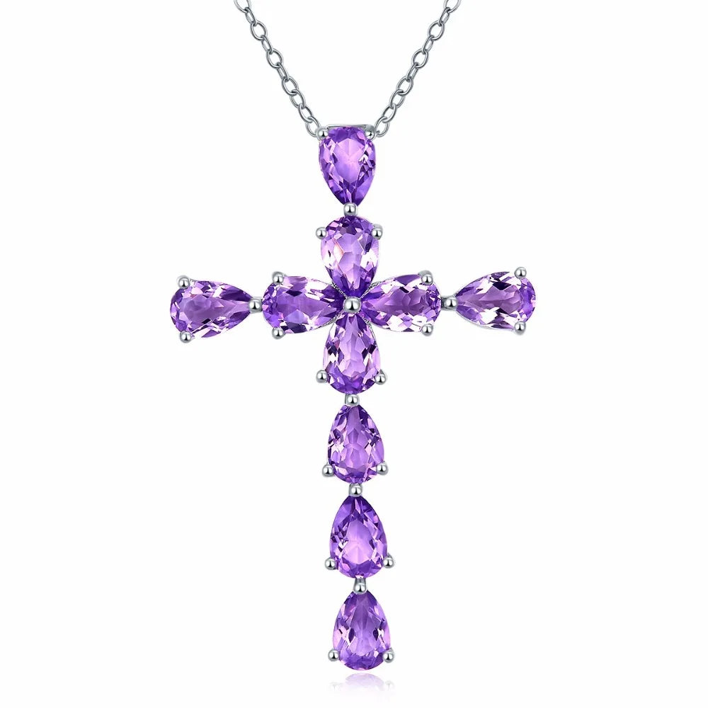 Real Solid 925 Sterling Silver Cross Pendant for Men and Women Simple Design Amethyst Pendants Jesus Christ Jewelry Bohemia