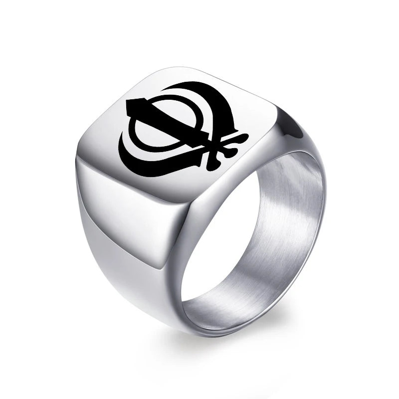 Sikh Symbol Rings Men Hinduism Engraved Sikhism Stainless Steel Signet Band Ring Religious Jewelry