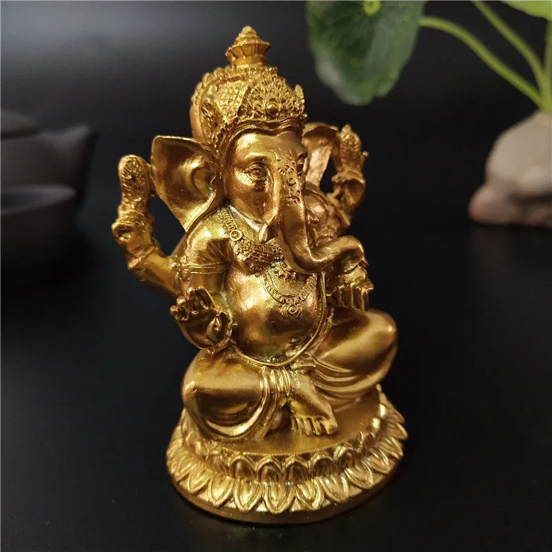 Gold Lord Ganesha Statue Hindu God Sculpture Figurines Resin Home Garden Decoration