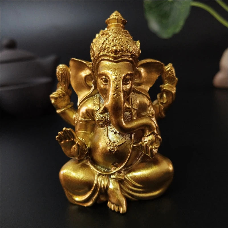 Gold Lord Ganesha Statue Hindu God Sculpture Figurines Resin Home Garden Decoration