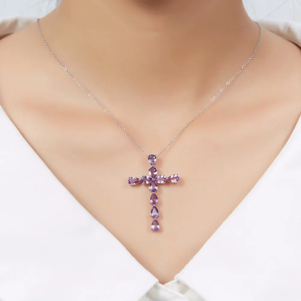 Real Solid 925 Sterling Silver Cross Pendant for Men and Women Simple Design Amethyst Pendants Jesus Christ Jewelry Bohemia