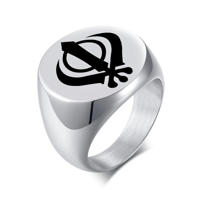 India Sikhism Rings Men Hinduism Customized Sikh Symbol Stainless Steel Signet Band Ring Religious Jewelry