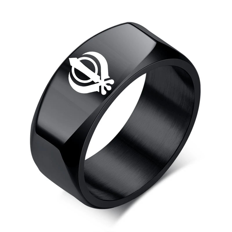 Sikh Symbol Rings Men Hinduism Engraved Sikhism Stainless Steel Signet Band Ring Religious Jewelry