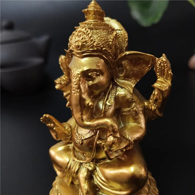 Gold Lord Ganesha Statue Hindu God Sculpture Figurines Resin Home Garden Decoration