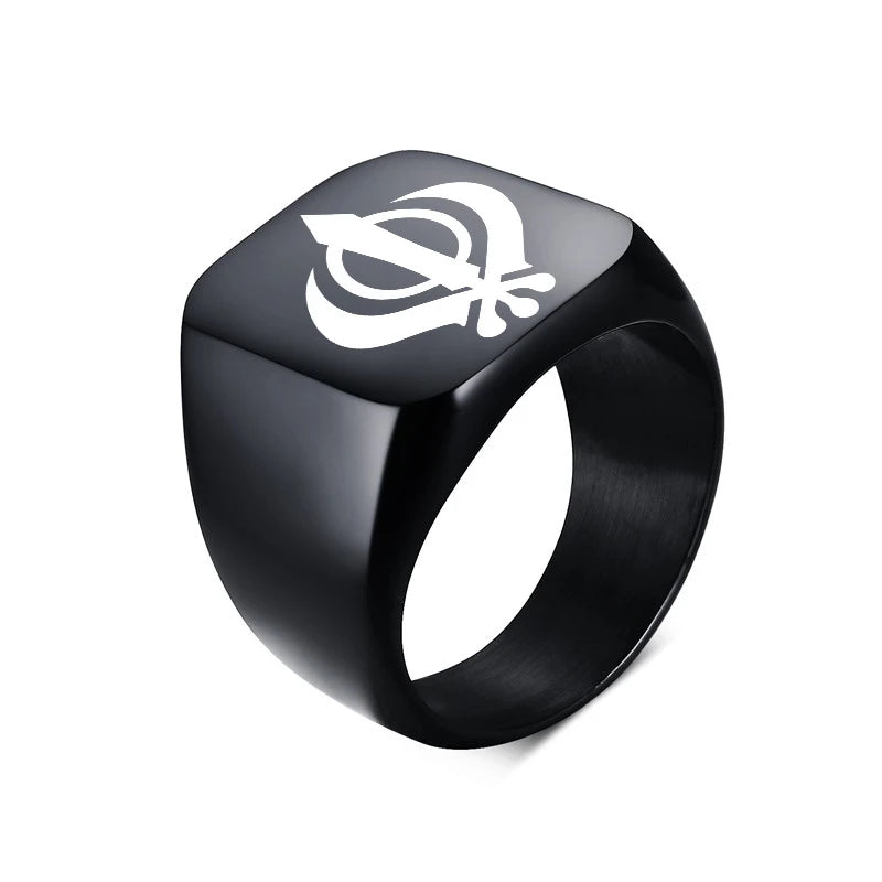 Sikh Symbol Rings Men Hinduism Engraved Sikhism Stainless Steel Signet Band Ring Religious Jewelry