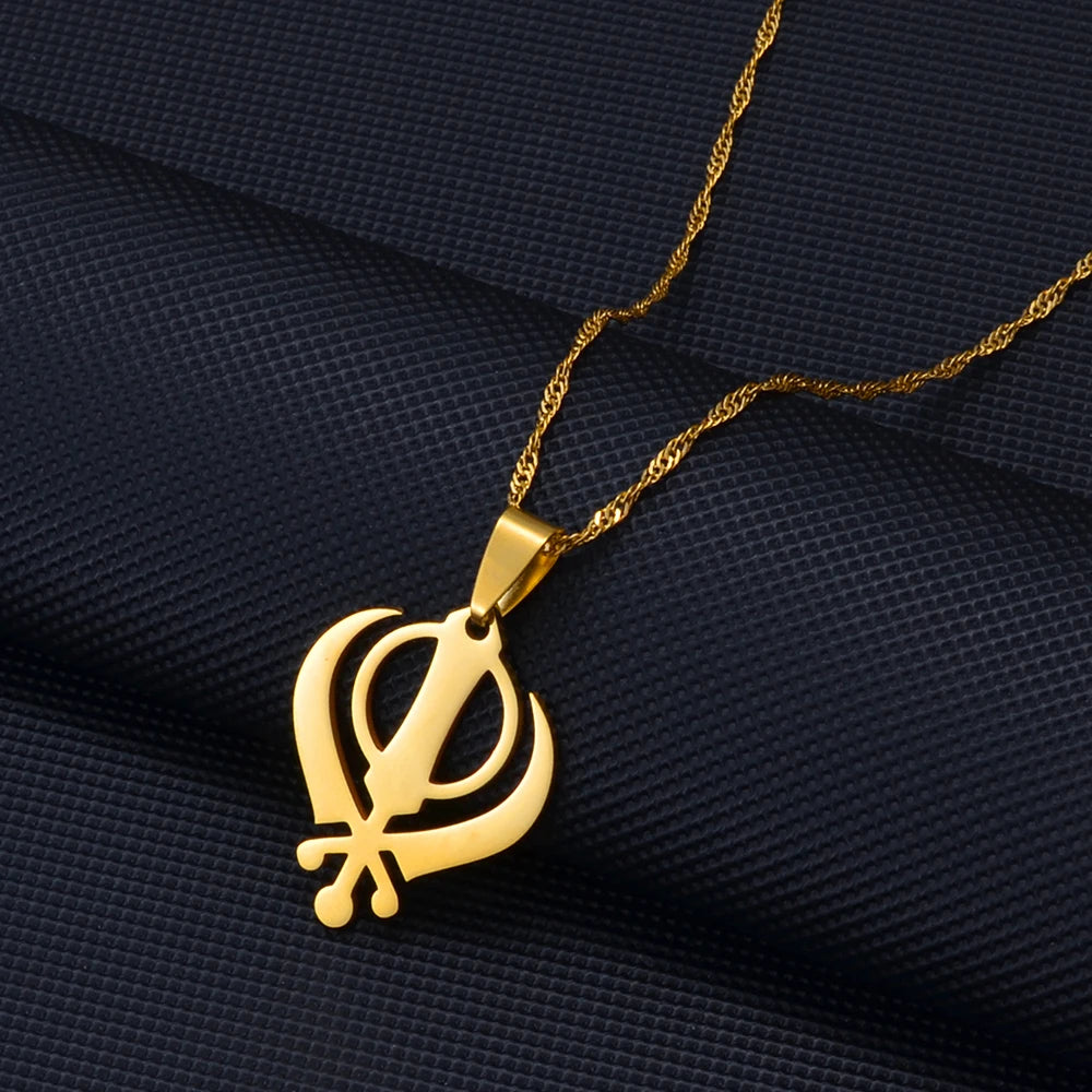 Anniyo Sikhism Necklace Pendant Sikh Khanda Jewelry Black/Gold Color Necklaces India Pakistan Malaysia Punjab Religious @009521