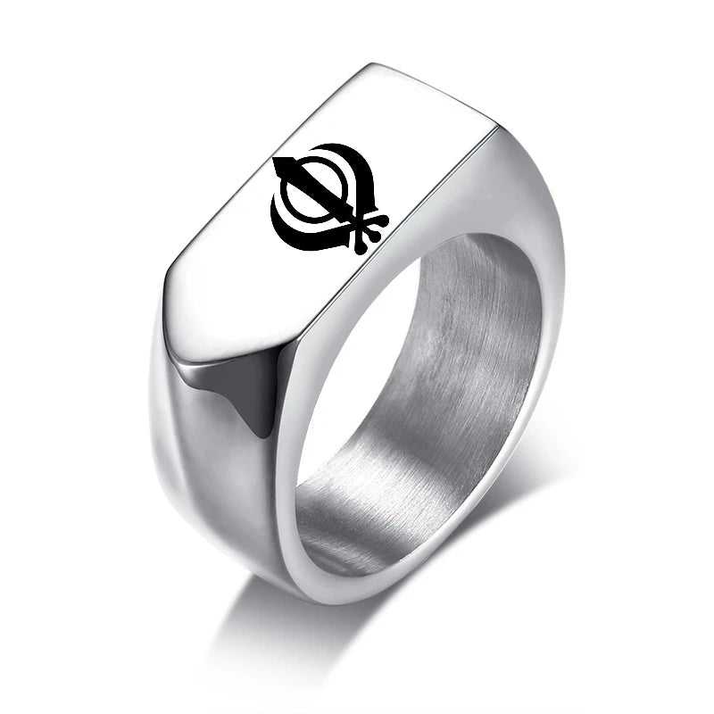 India Sikhism Rings Men Hinduism Customized Sikh Symbol Stainless Steel Signet Band Ring Religious Jewelry