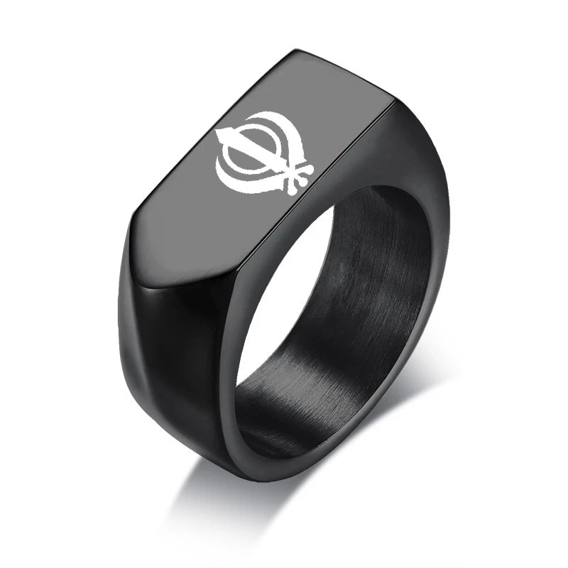 Sikh Symbol Rings Men Hinduism Engraved Sikhism Stainless Steel Signet Band Ring Religious Jewelry
