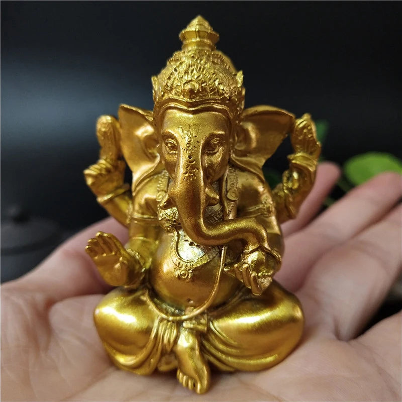Gold Lord Ganesha Statue Hindu God Sculpture Figurines Resin Home Garden Decoration