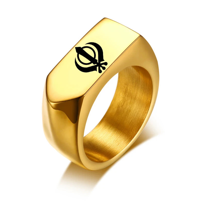 Sikh Symbol Rings Men Hinduism Engraved Sikhism Stainless Steel Signet Band Ring Religious Jewelry