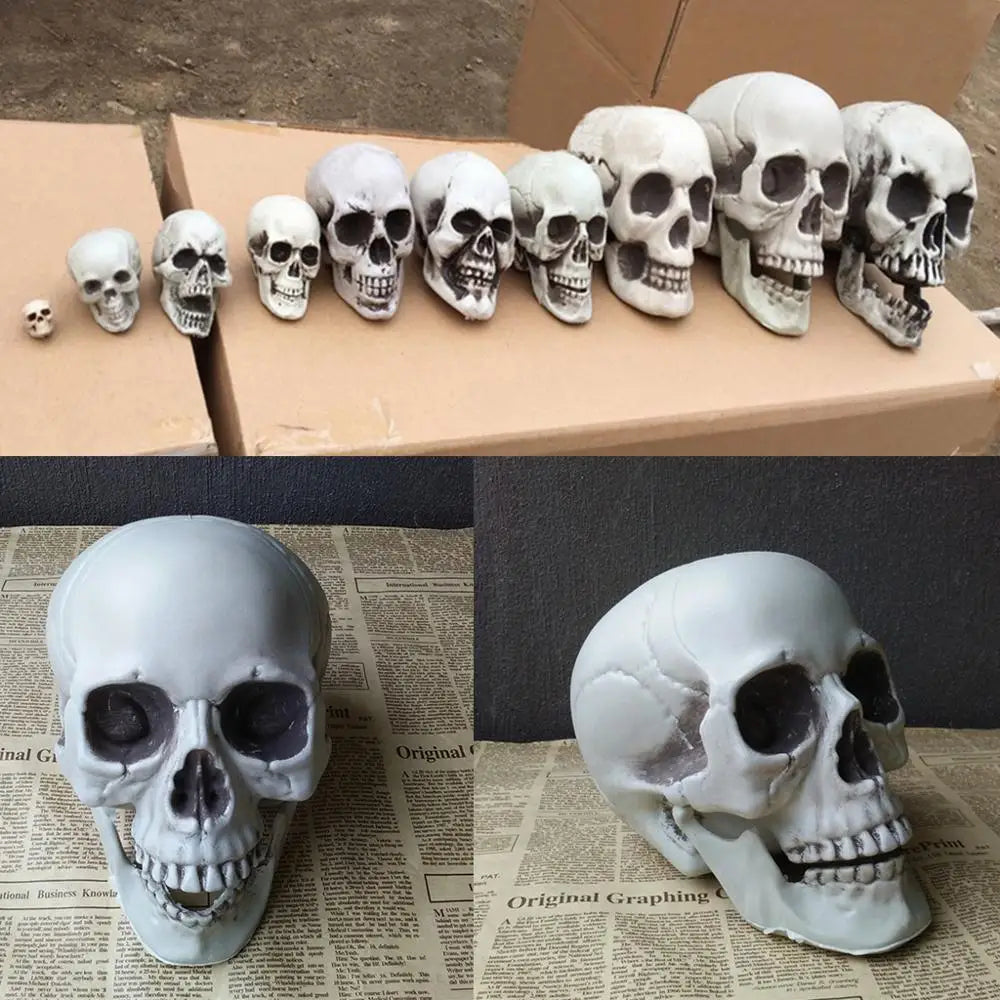 1Pcs Plastic Skull Head Figurine Statue Artificial Scary Bone Skeleton Decorative Sculpture for Bar Party Home Halloween Decor