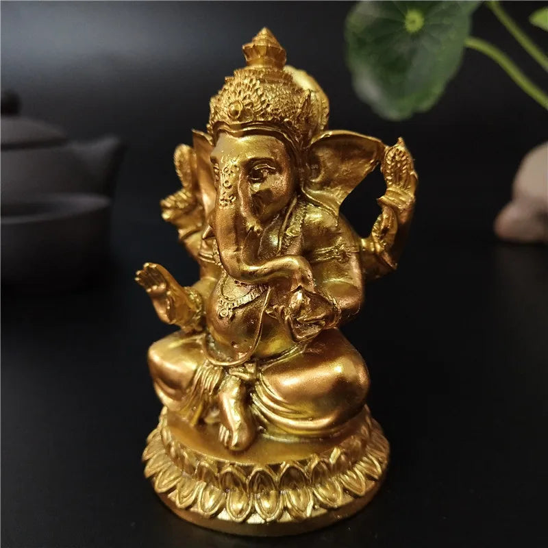 Gold Lord Ganesha Statue Hindu God Sculpture Figurines Resin Home Garden Decoration