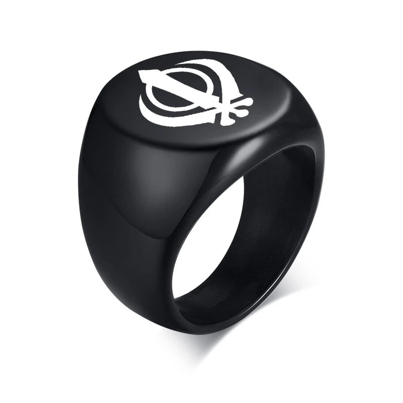 India Sikhism Rings Men Hinduism Customized Sikh Symbol Stainless Steel Signet Band Ring Religious Jewelry