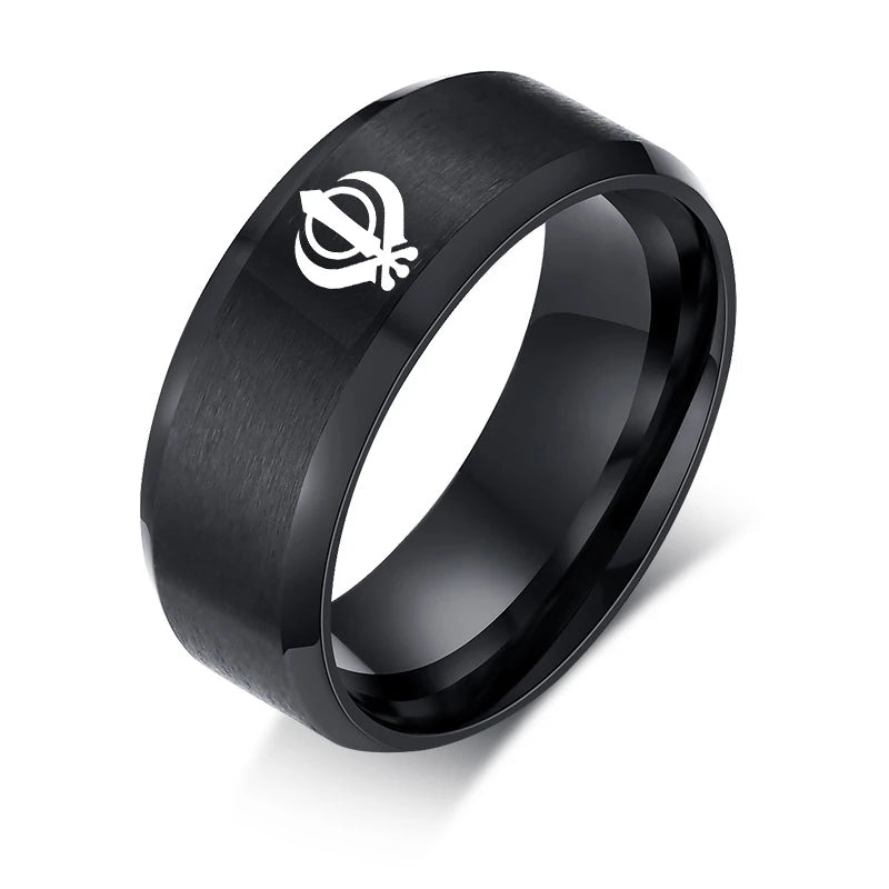 Sikh Symbol Rings Men Hinduism Engraved Sikhism Stainless Steel Signet Band Ring Religious Jewelry