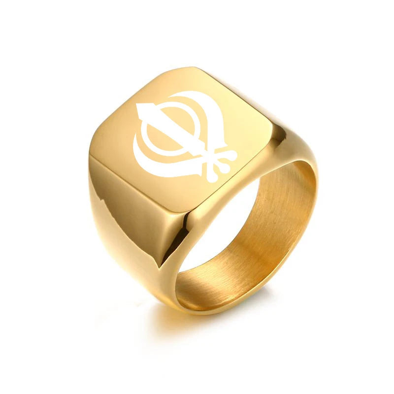 Sikh Symbol Rings Men Hinduism Engraved Sikhism Stainless Steel Signet Band Ring Religious Jewelry