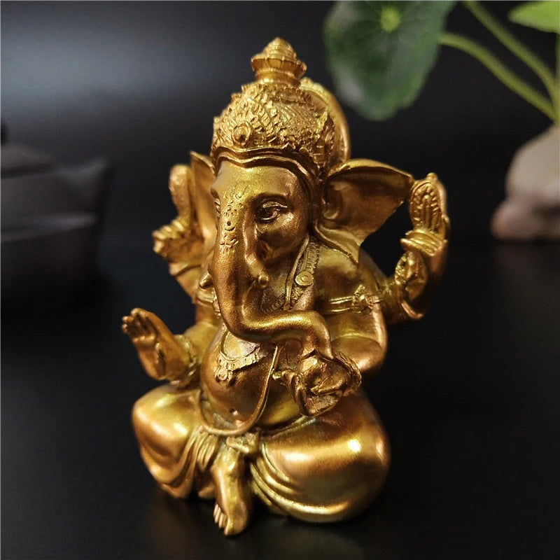 Gold Lord Ganesha Statue Hindu God Sculpture Figurines Resin Home Garden Decoration