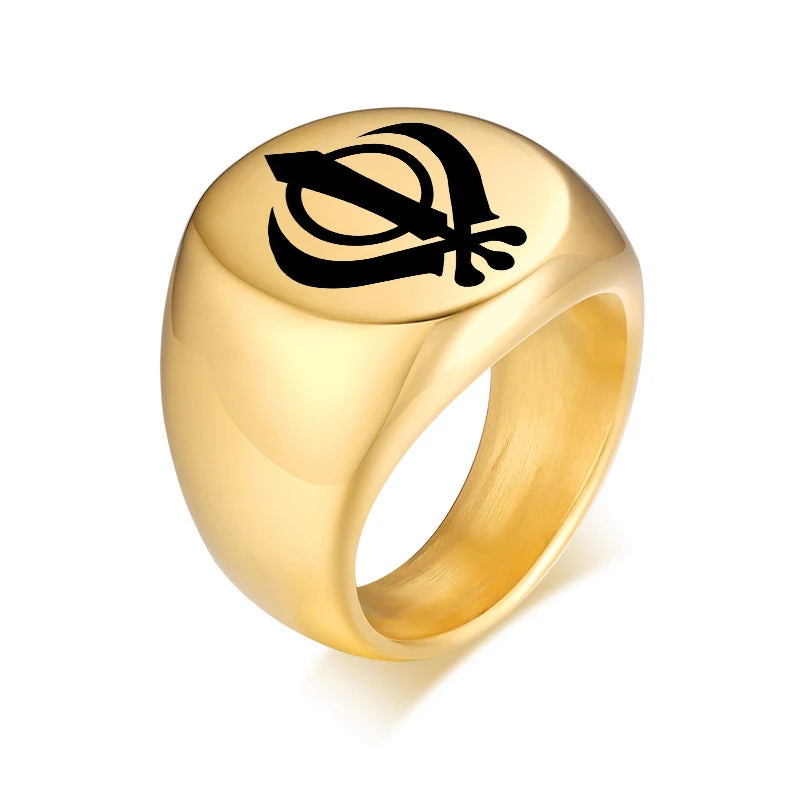 Sikh Symbol Rings Men Hinduism Engraved Sikhism Stainless Steel Signet Band Ring Religious Jewelry