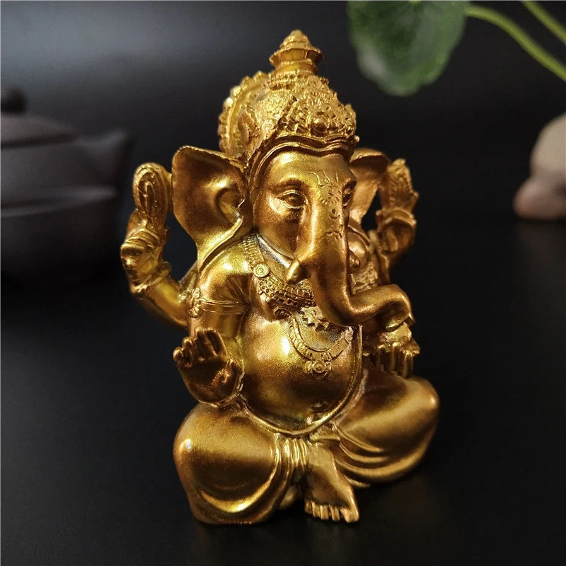 Gold Lord Ganesha Statue Hindu God Sculpture Figurines Resin Home Garden Decoration