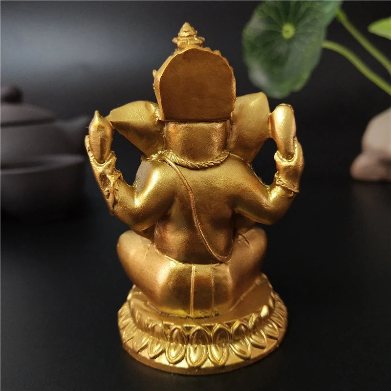 Gold Lord Ganesha Statue Hindu God Sculpture Figurines Resin Home Garden Decoration
