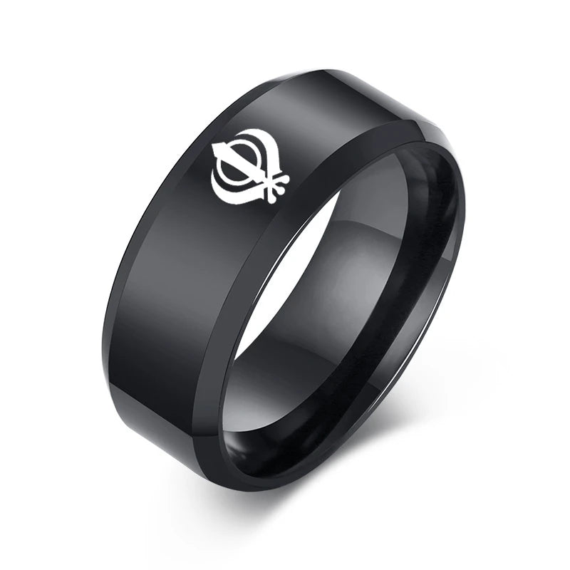 Sikh Symbol Rings Men Hinduism Engraved Sikhism Stainless Steel Signet Band Ring Religious Jewelry