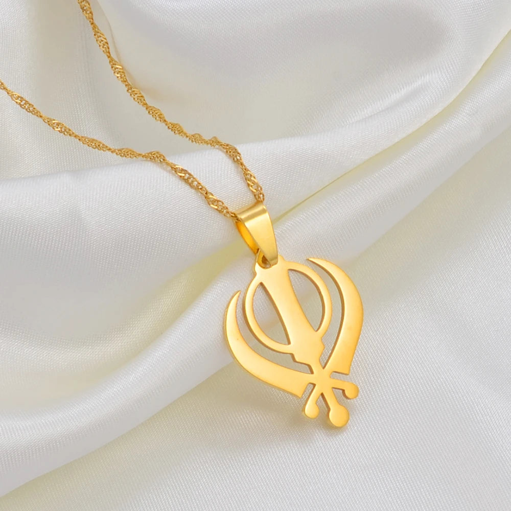 Anniyo Sikhism Necklace Pendant Sikh Khanda Jewelry Black/Gold Color Necklaces India Pakistan Malaysia Punjab Religious @009521