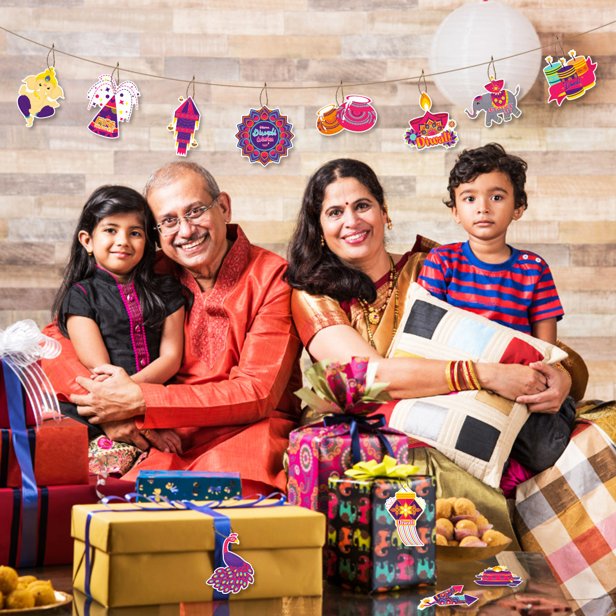 12Pcs/Bag Happy Diwali Theme Paper Tree Hangers Diwali Festival Party Decoration