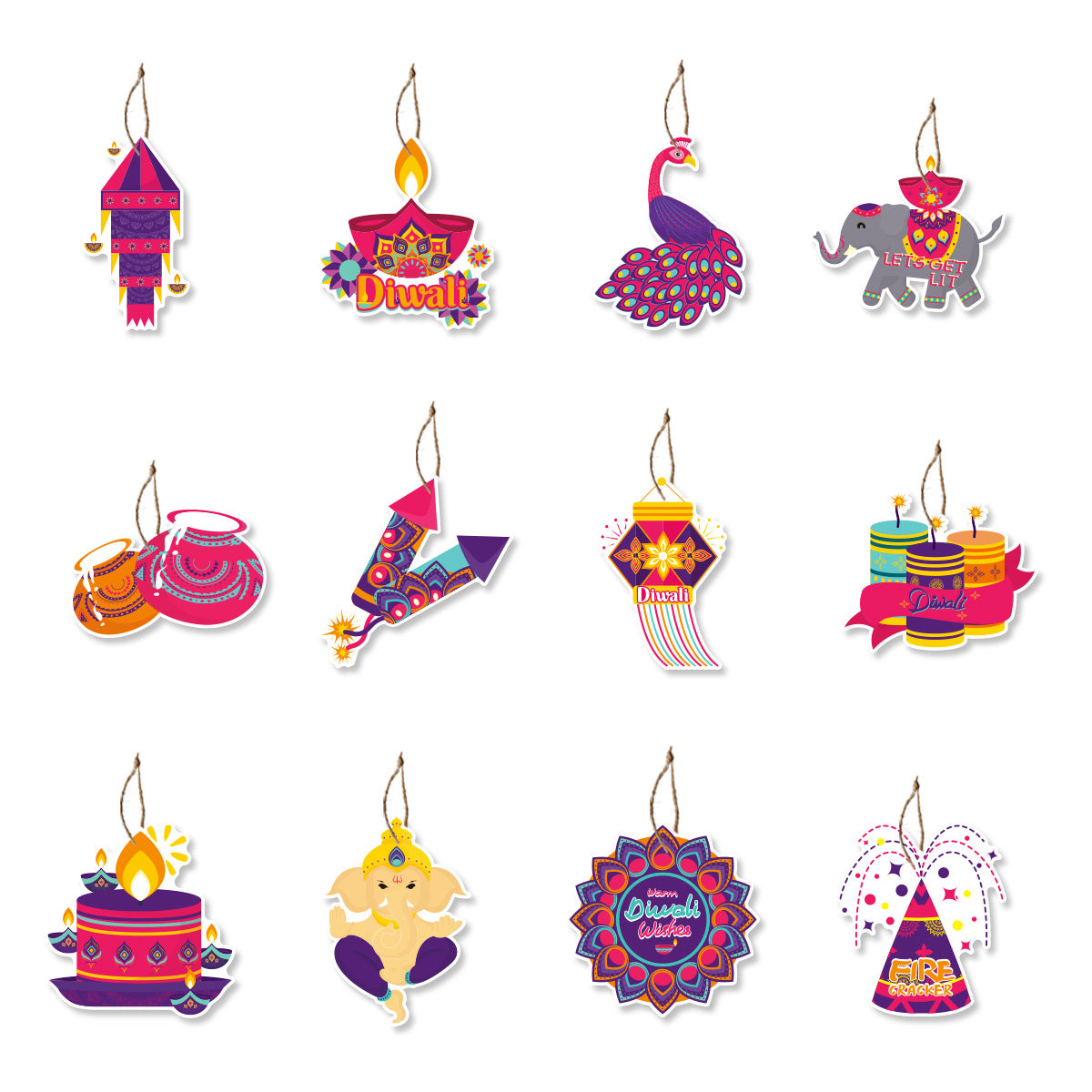 12Pcs/Bag Happy Diwali Theme Paper Tree Hangers Diwali Festival Party Decoration