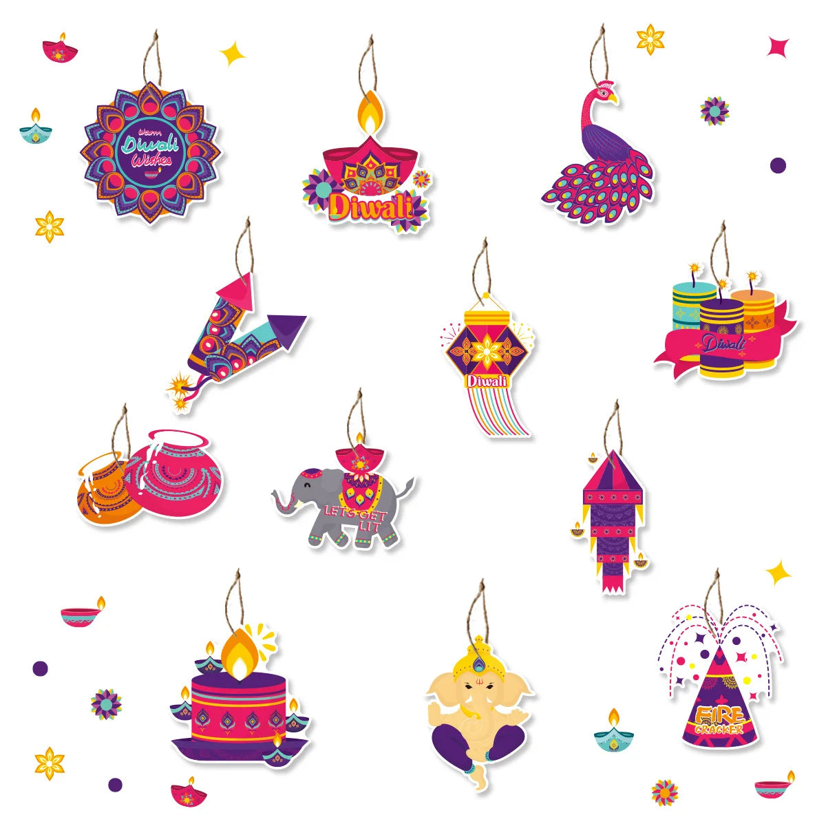 12Pcs/Bag Happy Diwali Theme Paper Tree Hangers Diwali Festival Party Decoration