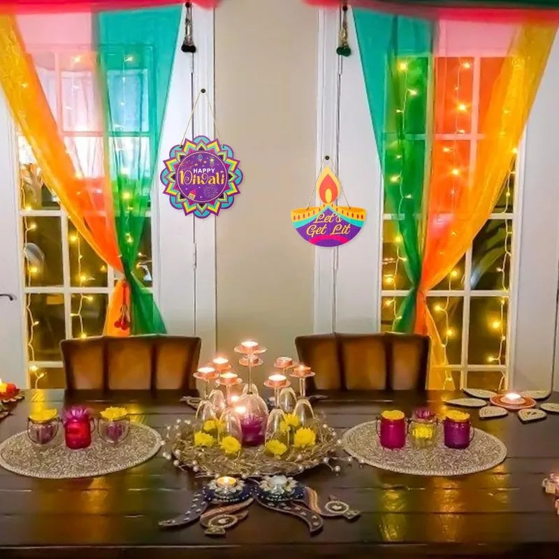 2Pcs Wooden Diwali Door Sign - 'Happy Diwali' Hanging Plaque with Rope for Indian Festival Decor, Wall Welcome Decorations