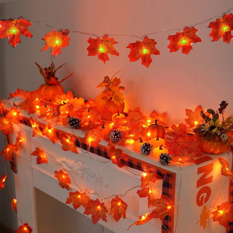 Lighted Fall Garland Maple Leaves String Lights for Indoor Holiday Autumn Home Party Halloween Decoration