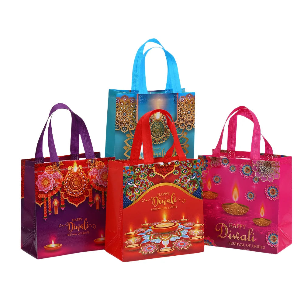 Happy Diwali Festival of Lights Nonwoven Gift Tote Bag with Colorful Diya Print for Party Favors Return Gifts