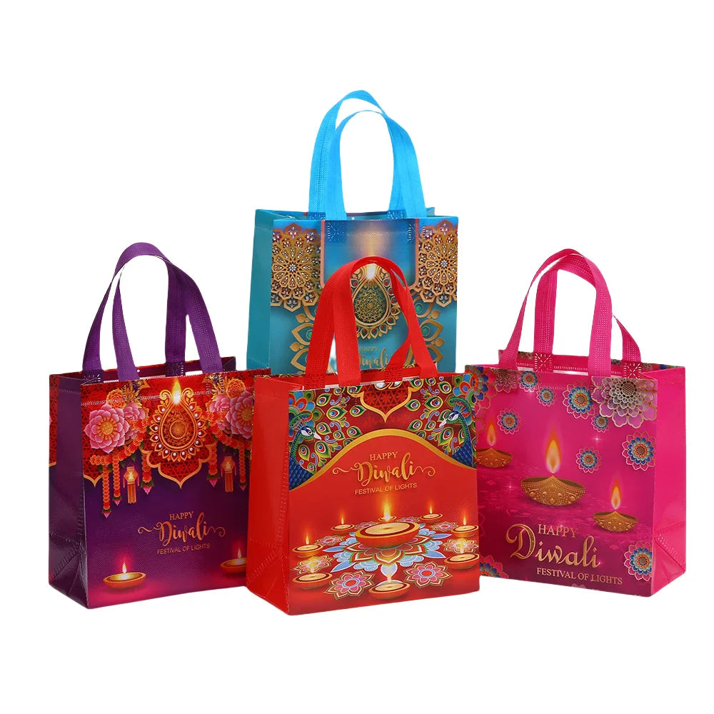 Happy Diwali Festival of Lights Nonwoven Gift Tote Bag with Colorful Diya Print for Party Favors Return Gifts
