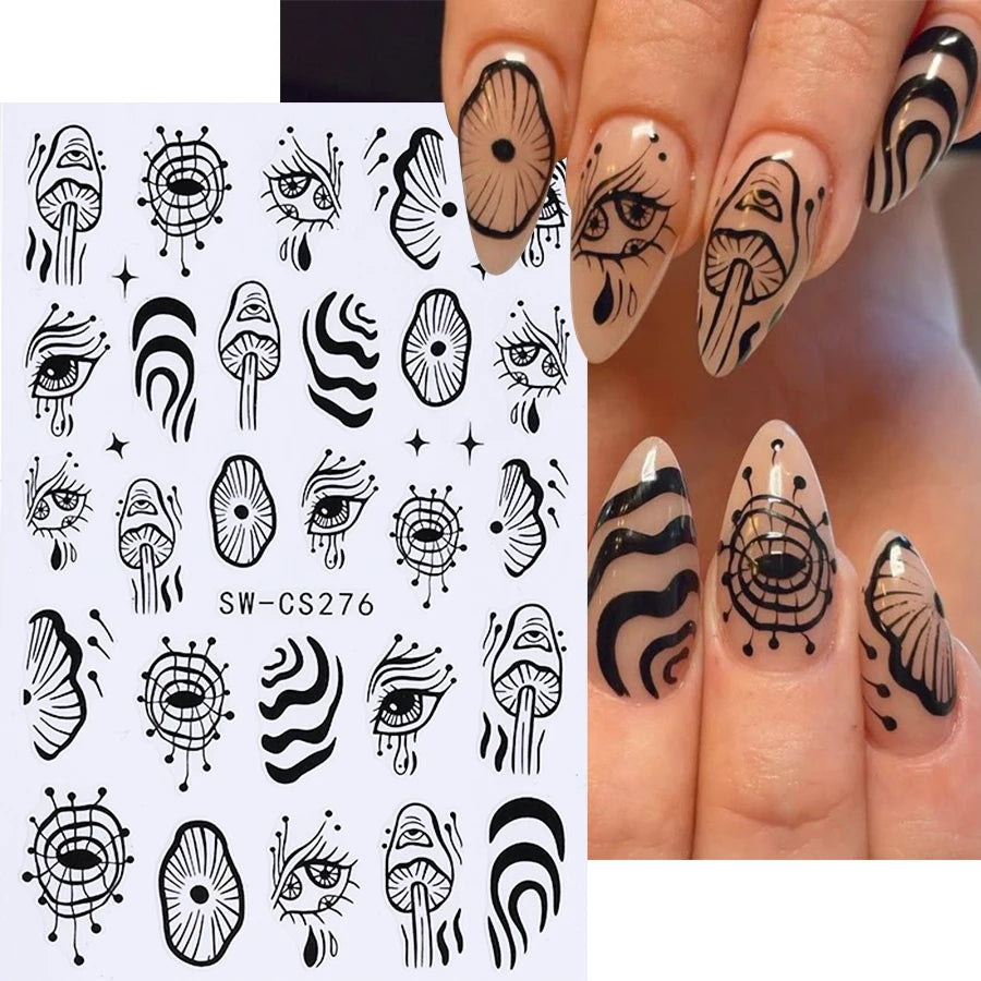 5pcs Halloween Nail Stickers Cartoon Cat Ghost Skull Hand Devil's Eye Snake Design Nail Decals Sliders DIY Manicure Decoration