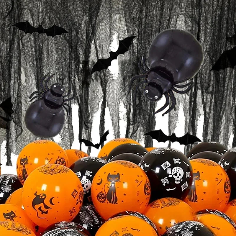 Halloween Decor Props Set Creative Horror Ghost Black Gauze With Spider Latex Balloons Halloween Party Decors Supplies Globos