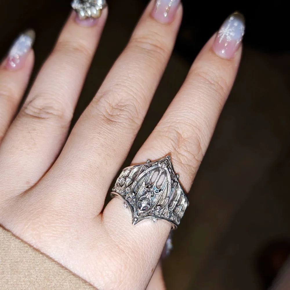LATS Retro Personality Ancient Silver Color Hollowed-out Relief Crown Castle Rings for Women Men Halloween Trend Gothic Jewelry