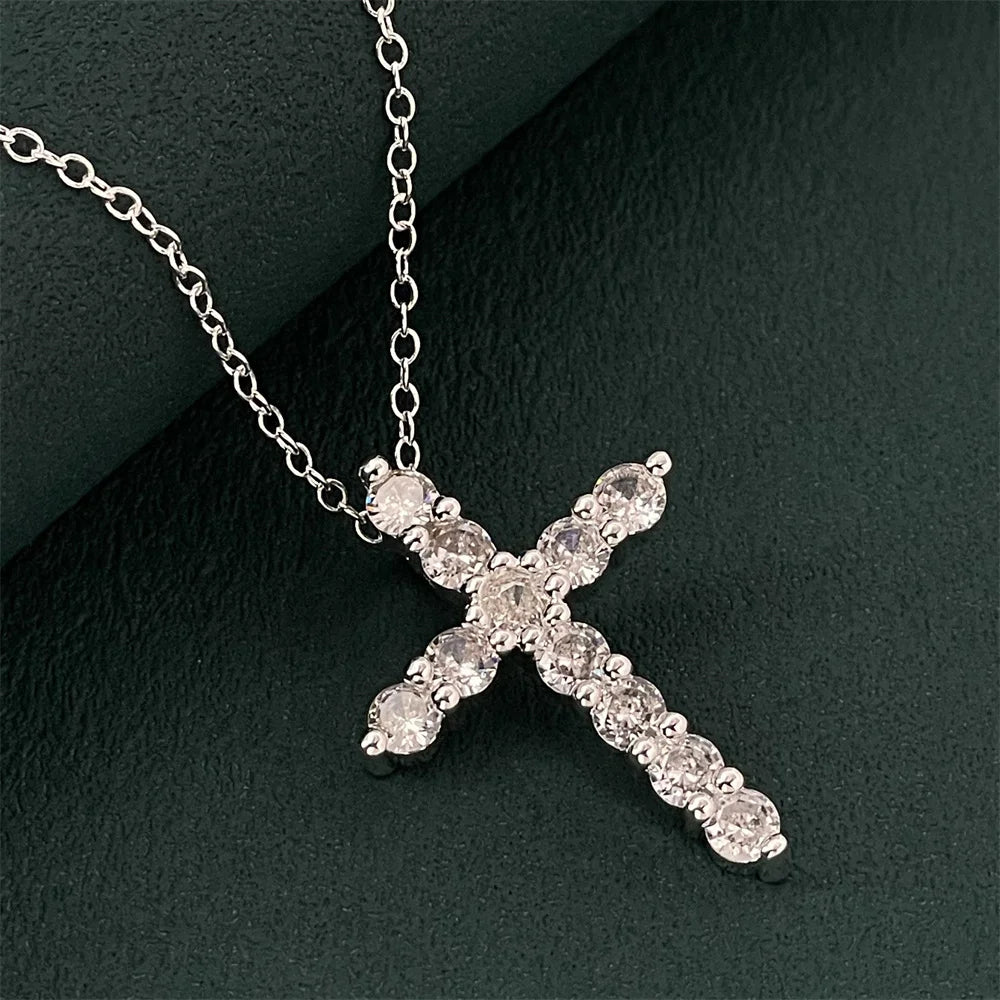 925 sterling silver diamond cross pendant with thin chain, versatile and fashionable